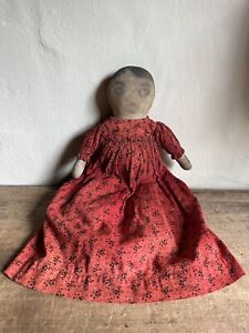 Antique Handmade Rag Doll Painted Face Red Calico Dress 15.75 Inch