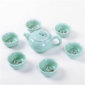 Chinese tea set porcelain tea cups fish relief ceramic tea pot portable tea tray