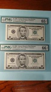 TWO 1999 PMG GEM UNC 65 & 66 EPQ Five Dollar BOSTON FED RESERVE NOTES $5 Bills - Picture 1 of 4