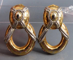 VTG Givenchy Clip-On Earrings TWO-TONE GOLD/SILVER Doorknockers Dangle NAUTICAL - Picture 1 of 5