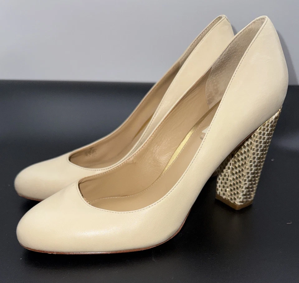 Zapatos de mujer LAUREN RALPH LAUREN Viona beige cuero bloque dorado tejido 9B Foto 1 de 4