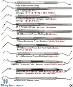 Dental Instruments Periodontal Probes UNC15, CP11-12, William, WHO Sickle Scaler - Picture 1 of 12
