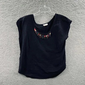 Roamans Women Top Large Black 100% Cotton Pullover Short Sleeveless Beaded Shirt - Picture 1 of 7