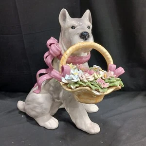 Vintage Merrymac Scottish Terrier Holding Flower Basket Ceramic Statue - Picture 1 of 8