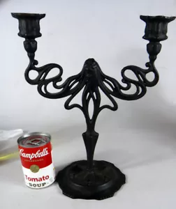 Art Nouveau candle holder opera cast iron Victorian black 2 stick lady head deco - Picture 1 of 12