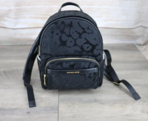 Michael Kors Bex Med Backpack Nylon Leopard Print Soft Leather Trim Black Gold - Picture 1 of 14