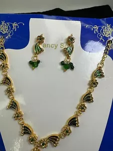 Halskette Set 14-16 Zoll Ohrringe durchbohrt grün Strass Vintage Gold M-6914! - Bild 1 von 5