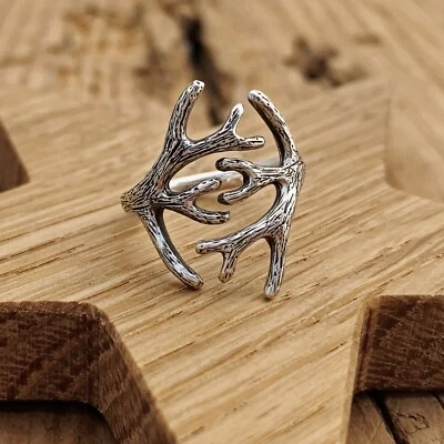 Stag Deer Antler Ring Adjustable Textured Sterling Silver Artemis Gothic Pagan - Image 1 of 4