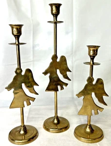 Brass Angel Candlestick Holders Holiday Set Of 3 Vintage - Picture 1 of 3