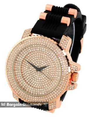Reloj para Hombres Tono Rosa Circonita Circonita Circonita-Esfera Correa Negra Balas Rosa Hasta 10" Foto 1 de 4