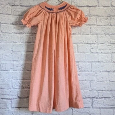 Silly Goose Hand Smocked Childs Dress 6 Orange White Gingham Blue Alligators - Image 1 of 4
