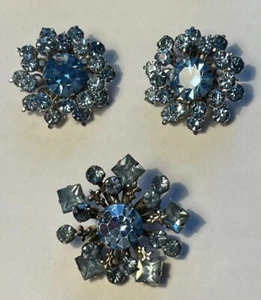 Vintage JUDY LEE unsigned Blue rhinestone Brooch/Pin and Earrings Set - Picture 1 of 4
