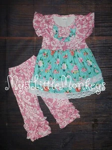 NEW Boutique Floral Ruffle Tunic Dress & Ruffle Leggings Girls Outfit Set - Picture 1 of 4