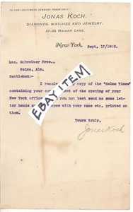1903 New York 37-39 Maiden Lane JONAS KOCH DIAMONDS WATCHES & JEWELRY Letter - Picture 1 of 1