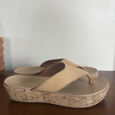 CROCS A-Leigh Tan/Beige Thong Cork Wedge Flip Flop Sandals Womens Size 7 EUC - Image 1 of 4