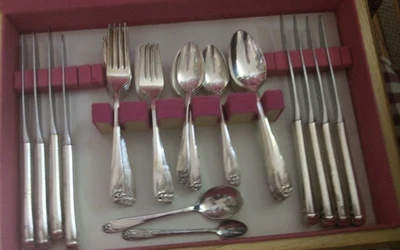 Rogers Bros Daffodil 54pc service/ 8 including serving pieces, 14 teaspoons   g5 - Image 1 of 2