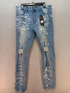 Waimea Denim Jeans Mens 36 x 32 Skinny Fit Destroyed Rip Holes Blue Wash Stretch - Picture 1 of 16