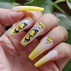 24pcs Yellow Ombre Butterfly Press On Nails Jeweled Long Coffin False Nail Set - Picture 1 of 9