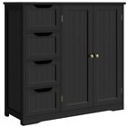 Wooden Bathroom Floor Cabinet, Side Storage Cabinet with 4 Drawers 2 Doors Black