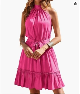 Hot Pink Halter Neck Sleeveless Mini Dress Tie Waist & Ruffled Hem Size M (1414) - Picture 1 of 5