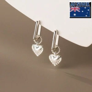 1 Pair Woman Real S925 Sterling Silver Heart Square Earring Clip Drop Dangle  - Picture 1 of 6