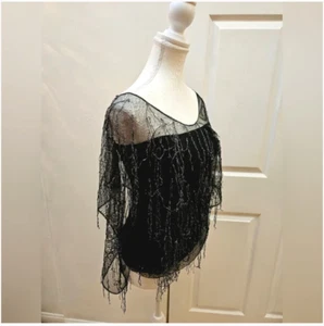 BLACK HALO Bloomingdales Black Mesh Sheer Silver Top 4 XS S - Picture 1 of 7