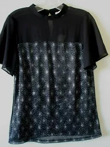 OASIS TOP BLOUSE BLACK SILVER CHIFFON STARDUST GLITTER Sz S 10 NEW - Picture 1 of 6