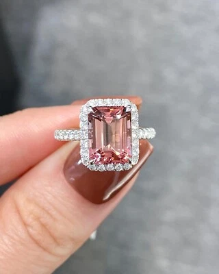 Anillo de compromiso de diamantes de turmalina rosa natural de 3,41 quilates platino 950 7 8 Foto 1 de 4