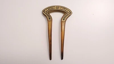 Ancien Peigne à cheveux ou chignon corne et métal niellé d’or Tolède XIXe siècle - Photo 1/4