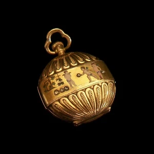 Antique 14K Gold Pendant Watch - Enamel Putti & Diamonds - Switzerland - C. 1870 - Picture 1 of 12