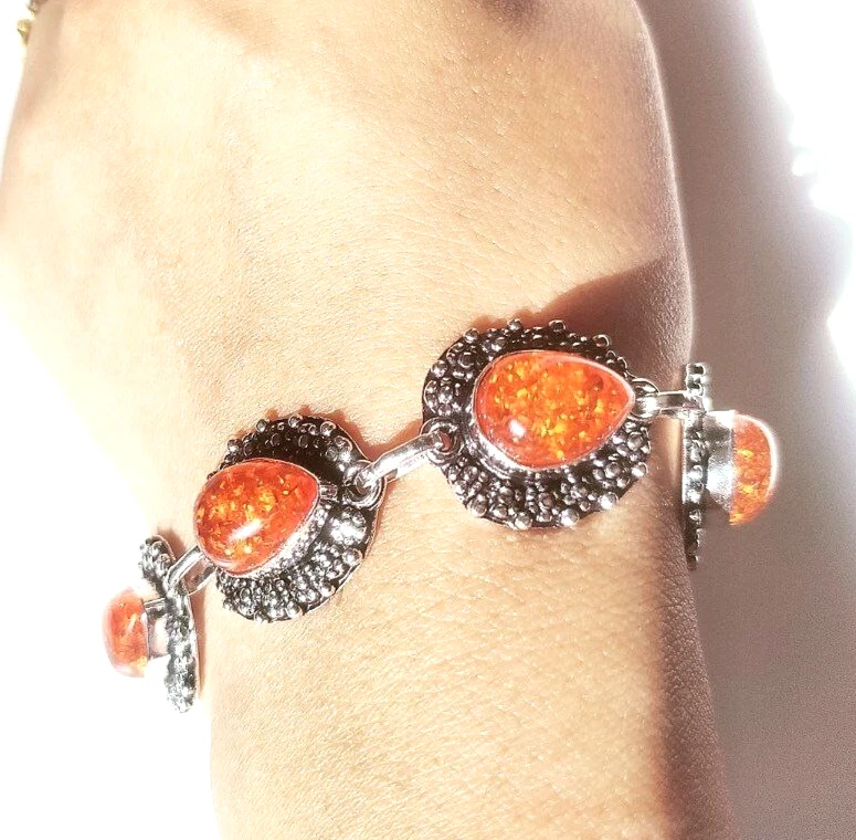 Brazalete de joyería hecha a mano de plata de ley 925 con piedras preciosas de ámbar báltico (creado en laboratorio) Foto 1 de 4