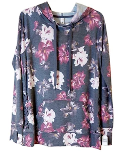 Ideology Womens Gray Floral Print Lace Up Long Sleeve Hoodie Size Sweater S NEW - Picture 1 of 5