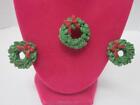 Vtg Christmas Wreath Resin Clip On Earrings & Pin Matching Set