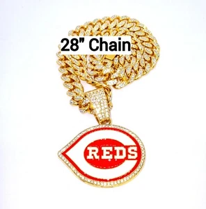 CINCINNATI REDS GEM NECKLACE Gold Bling MLB Baseball Hip Hop Pendant & 28" Chain - Picture 1 of 3