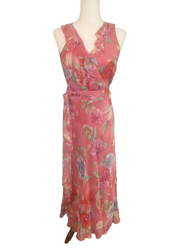 Vestido Lauren Ralph Lauren 100% Seda Para Mujer 4 Rosa Floral Volantes Maxi Envoltura Y2K Foto 1 de 4