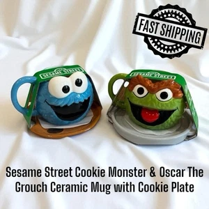 Sesamstraße Krümelmonster & Oscar The Grouch Keramiktasse mit Plätzchenteller - Bild 1 von 5