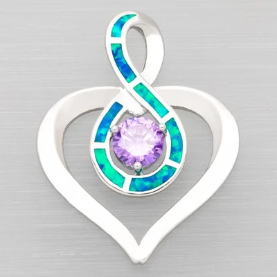 Corazón Redondo Simulado Amatista Azul Ópalo de Fuego Plata Joyería Collar Colgante Foto 1 de 4