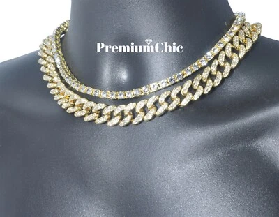 Cadena Tenis + Gargantilla Cubana Miami Hip Hop Hombres Chapado en Oro/Astilla Collar Circonita  Foto 1 de 4