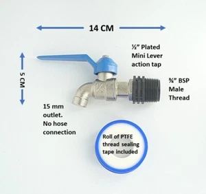 Brass Mini Lever type Water Butt Tap to Polypropylene 3/4" BSP Male Thead.  - Picture 1 of 6