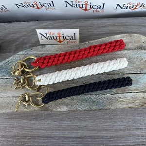 Tirador de campana de cuerda con 3 grilletes de latón, atado a mano, rojo, azul marino, blanco brillante - Imagen 1 de 20