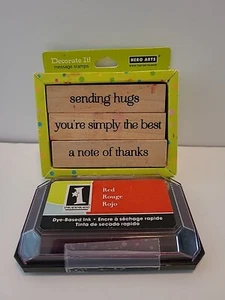 WOOD MOUNTED Rubber SWEET Message Stamp 3 Set With Red Ink Pad - Picture 1 of 7