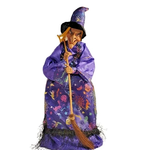 HALLOWEEN WITCH DOLL W/ BROOM PURPLE BLACK ORANGE - TABLE TOP 20" B-434 - Picture 1 of 3