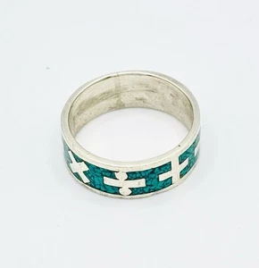 VTG Turquoise Chip Sterling Silver 7mm Mathematic Symbol Band Ring 925 Sz 8.75 - Picture 1 of 5