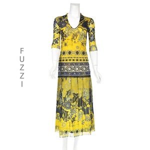 Fuzzi Eigelb Gelb & Blau Blumen Stretchig Mesh 2-teiliges Top & Midirock S/M - Bild 1 von 9