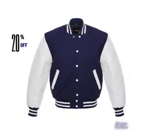 Giacca da baseball Varsity in lana blu con maniche in pelle di alta qualità - Foto 1 di 3
