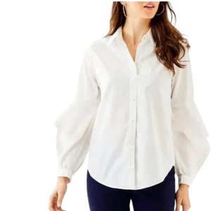 LILLY PULITZER NATALIA FLOUNCE SLEEVE BLOUSE BUTTON FRONT, WHITE NWT $128 - Picture 1 of 7