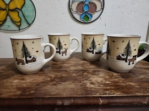 Ginger Creek Tea Coffee Mugs Northwoods Moose Cabin Canoe Stoneware Set Of 4 - Picture 1 of 10