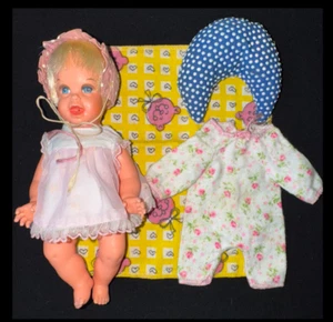 Vintage 1966 Tiny Cheerful Tearful 6" Baby Doll w/ Clothes Bonnet Blanket Pillow - Picture 1 of 24