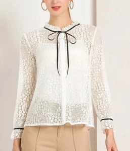 Allegra K Women's Ruffled Collar Button Down Long Sleeve Lace Shirt Size M - Picture 1 of 6