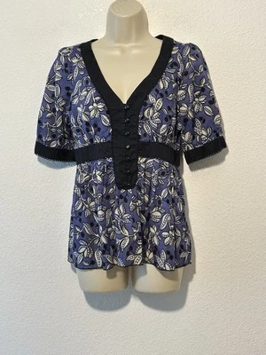 Blusa Y2K Anthropologie Odille Top Azul Floral 100% Algodón Talla 8 Babydoll Boho Foto 1 de 4